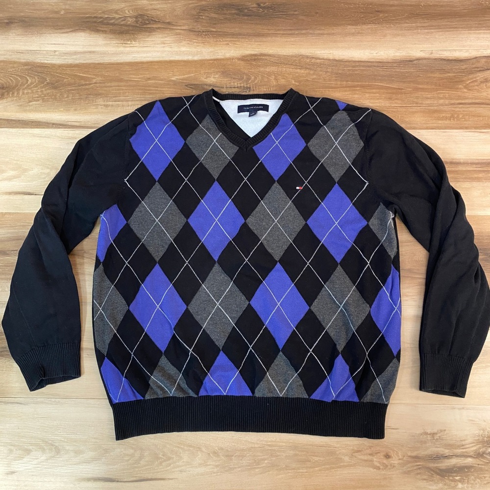Tommy Hilfiger Mens XL Argyle V-Neck Sweater Black Purple Grey Cotton Knit Logo